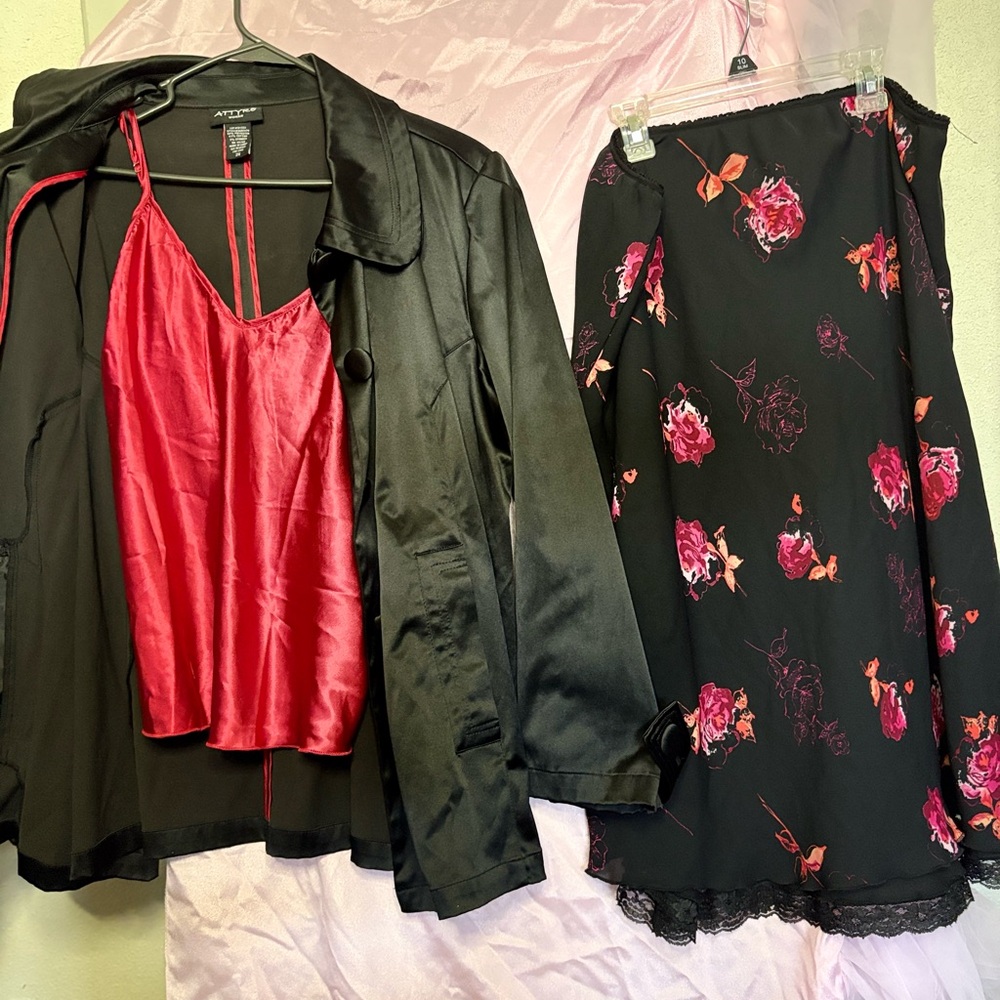 Attyre Black Jacket with Pink Accents along with Pink Floral Slip Skirt.